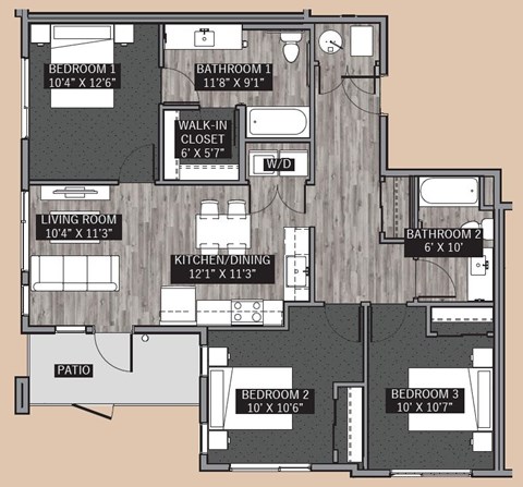 Floor plan for 3 beds, 2 baths, 1106 sqft